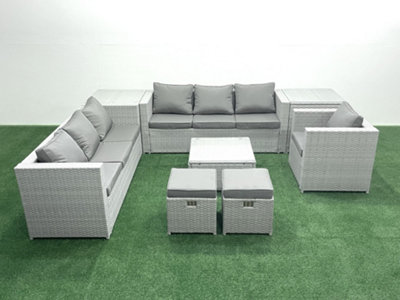 B&Q -  Wicker Pe Rattan Sofa Garden Furniture Set Armchair Square Coffee Table 2 Small Stools 2 Side Tables Light Grey