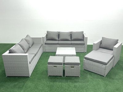 Fimous Wicker Pe Rattan Sofa Garden Furniture Set Armchair Square Coffee Table 3 Stools Light/Grey