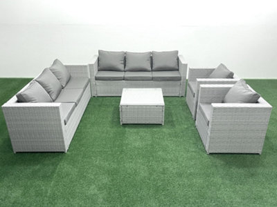 Fimous Outdoor Rattan Sofa Garden Furniture Set 2 Armchairs Square Coffee Table Light Grey from B&Q