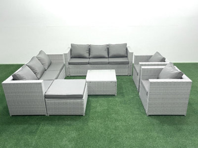 B&Q -  Outdoor Rattan Sofa Garden Furniture Set 2 Armchairs Square Coffee Table Big Stool Light Grey