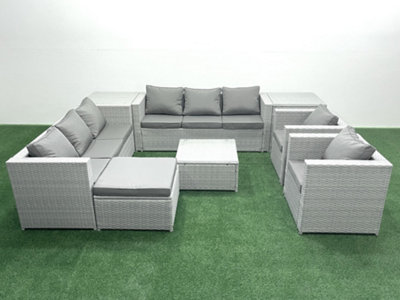 B&Q -  Outdoor Rattan Sofa Garden Furniture Set 2 Armchairs Square Coffee Table Big Stool 2 Side Tables Light Grey