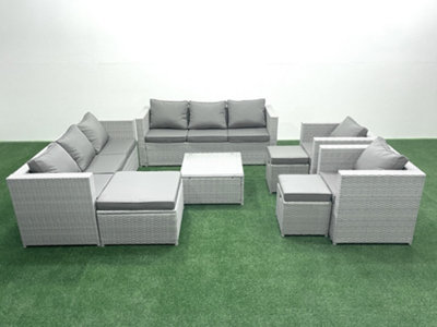 B&Q -  Outdoor Rattan Sofa Garden Furniture Set 2 Armchairs Square Coffee Table 3 Stools Light Grey