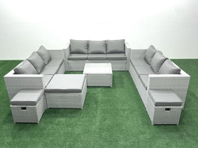 B&Q -  Rattan Garden Outdoor Furniture Set 12 Seater Rattan Garden Sofa Set 3 Stools Light Grey