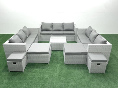 Fimous Rattan Garden Outdoor Furniture Set 13 Seater Rattan Garden Sofa Set 4 Stools Light/Grey
