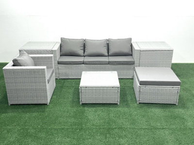 Fimous Garden Outdoor Furniture Set 5 Seater Rattan Sofa Set Big Stool Armchair 2 Side Tables Light/Grey