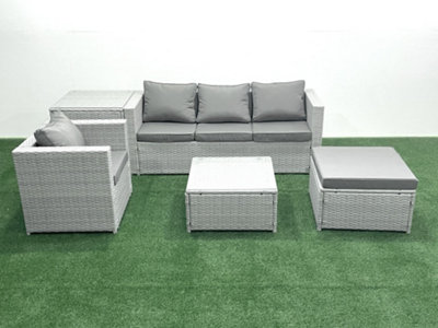 Fimous Garden Outdoor Furniture Set 5 Seater Rattan Sofa Set Big Stool Armchair Side Table Light/Grey