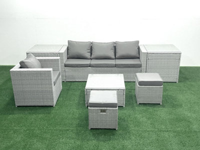 B&Q -  Garden Outdoor Furniture Set 6 Seater Rattan Sofa Set Big Stool Armchair 2 Side Tables Light Grey