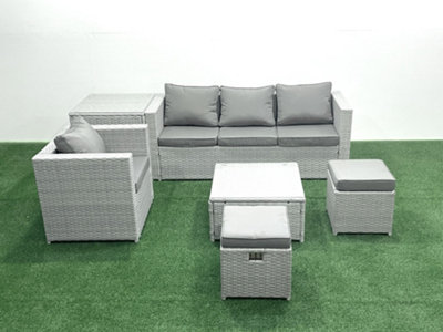 B&Q -  Garden Outdoor Furniture Set 6 Seater Rattan Sofa Set 2 Small Stools Armchair Side Table Light Grey