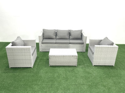 B&Q -  Rattan Garden Furniture Set 3 Seater Sofa 2 Chair Rectangular Coffee Table Light Grey 5 Seater
