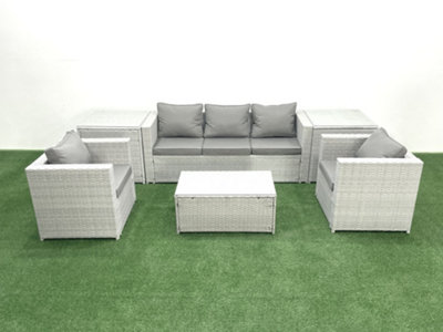 B&Q -  Rattan Garden Furniture Set 3 Seater Sofa 2 Chair Rectangular Coffee Table 2 Side Tables Light Grey 5 Seater