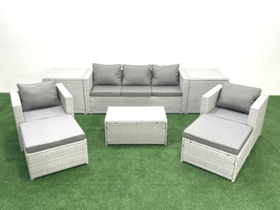 B&Q -  Rattan Garden Furniture Set 3 Seater Sofa 2 Chair Rectangular Coffee Table 2 Big Stools 2 Side Tables Light Grey