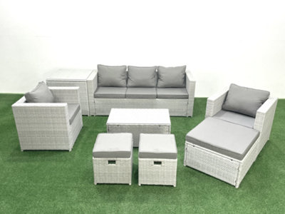 B&Q -  Rattan Garden Outdoor Furniture Sofa Set Rectangular Coffee Table 2 Chairs 3 Stools Side Table Light Grey