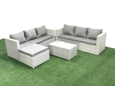 Fimous Garden Outdoor Pe Rattan Furniture Set 7 Seater Rattan Garden Sofa Set Big Stool Light/Grey