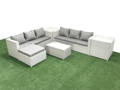 B&Q -  Garden Outdoor Pe Rattan Furniture Set 7 Seater Rattan Garden Sofa Set Big Stool 2 Side Tables Light Grey