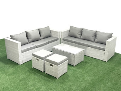 Fimous Garden Outdoor Pe Rattan Furniture Set 8 Seater Rattan Garden Sofa Set 2 Small Stool Light Grey from B&Q