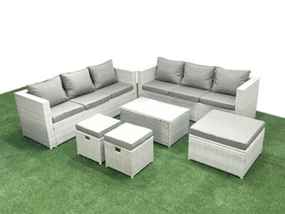 Fimous Garden Outdoor Pe Rattan Furniture Set 9 Seater Rattan Garden Sofa Set 3 Stools Light/Grey