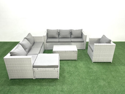 Fimous Light/Grey Wicker Pe Rattan Sofa Garden Furniture Set Armchair Oblong Coffee Table Big Stool