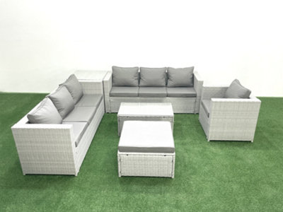 B&Q -  Wicker Pe Rattan Sofa Garden Furniture Set Armchair Oblong Coffee Table Big Stool Side Table Light Grey