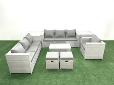 B&Q -  Wicker Pe Rattan Sofa Garden Furniture Set Armchair Oblong Coffee Table 2 Small Stools 2 Side Tables Light Grey