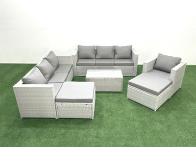 Fimous Wicker Pe Rattan Sofa Garden Furniture Set Armchair Oblong Coffee Table 2 Big Stools Light Grey from B&Q