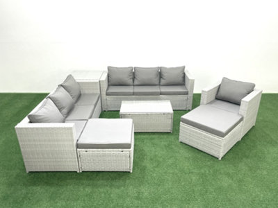 Fimous Wicker Pe Rattan Sofa Garden Furniture Set Armchair Oblong Coffee Table 2 Big Stools Side Table Light Grey from B&Q