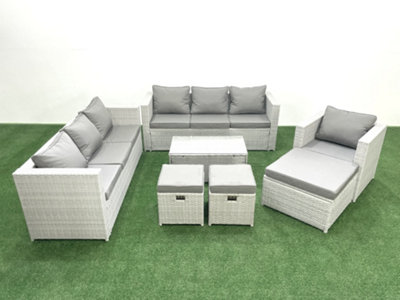 B&Q -  Wicker Pe Rattan Sofa Garden Furniture Set Armchair Oblong Coffee Table 3 Stools Light Grey