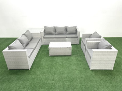 B&Q -  Outdoor Rattan Sofa Garden Furniture Set 2 Armchairs Oblong Coffee Table Side Table Light Grey