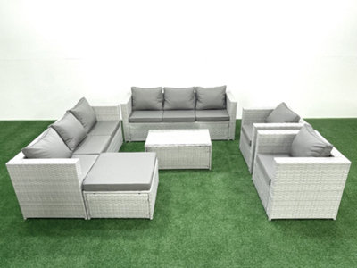 Fimous Outdoor Rattan Sofa Garden Furniture Set 2 Armchairs Oblong Coffee Table Big Stool Light/Grey