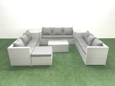 Fimous Rattan Garden Outdoor Furniture Set 10 Seater Garden Sofa Coffee Table Set Big Stool Side Table Light/Grey