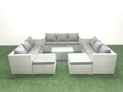 Fimous Rattan Garden Outdoor Furniture Set 11 Seater Garden Sofa Coffee Table Set 2 Big Stools Light/Grey
