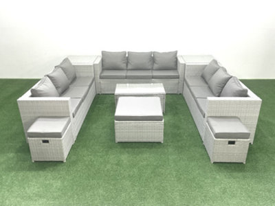B&Q -  Rattan Garden Outdoor Furniture Set 12 Seater Garden Sofa Coffee Table Set 3 Stools 2 Side Tables Light Grey
