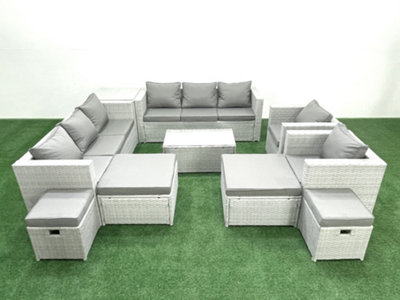 B&Q -  10 Pieces Rattan Garden Furniture Set Outdoor Garden Sofa Chair Coffee Table Set 4 Stools Side Table Light Grey