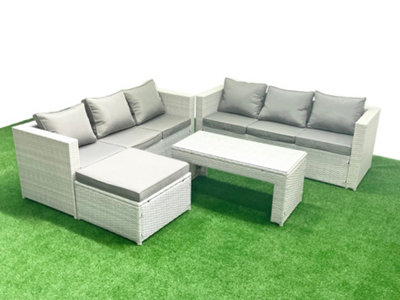 Fimous 7 Seater Garden Outdoor Rattan Furniture Set Rattan Garden Sofa Oblong Coffee Table Big Stool Light/Grey