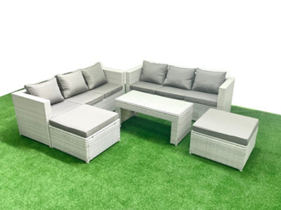 B&Q -  8 Seater Garden Outdoor Rattan Furniture Set Rattan Garden Sofa Oblong Coffee Table 2 Big Stools Light Grey