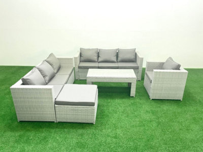 Fimous Light/Grey Wicker Pe Rattan Sofa Garden Furniture Set Oblong Coffee Table Armchair Big Stool