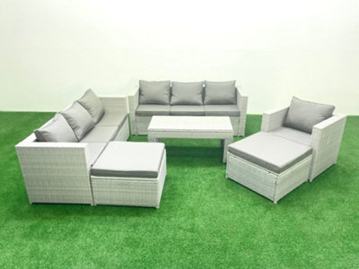 Fimous Wicker Pe Rattan Sofa Garden Furniture Set Oblong Coffee Table Armchair 2 Big Stools Light/Grey
