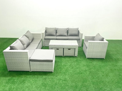 Fimous Wicker Pe Rattan Sofa Garden Furniture Set Oblong Coffee Table Armchair 3 Stools Light/Grey