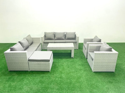 Fimous Outdoor Garden Furniture Rattan Sofa Set 2 Armchairs Oblong Coffee Table Big Stool Light/Grey