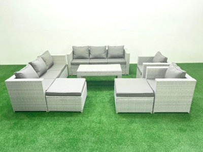 Fimous Outdoor Garden Furniture Rattan Sofa Set 2 Armchairs Oblong Coffee Table 2 Big Stools Light/Grey