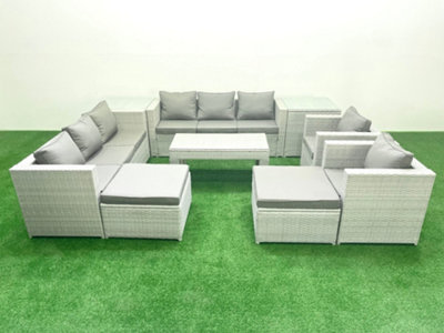 Fimous Light/Grey Outdoor Garden Furniture Rattan Sofa Set With 2 Armchairs Oblong Coffee Table 2 Big Footstools 2 Side Tables Mixed - Image 3