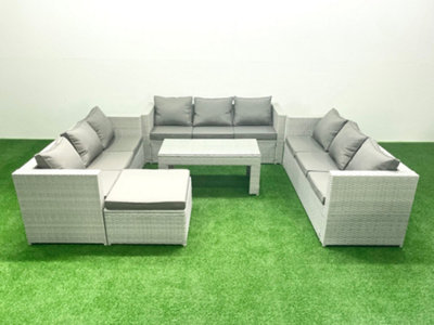 Fimous Rattan Garden Outdoor Furniture Set 10 Seater Garden Sofa Oblong Coffee Table Set Big Stool Light/Grey