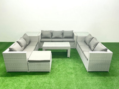 Fimous Rattan Garden Outdoor Furniture Set 10 Seater Garden Sofa Oblong Coffee Table Set Big Stool 2 Side Tables