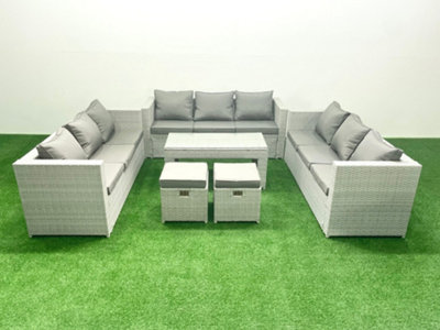 Fimous Rattan Garden Outdoor Furniture Set 11 Seater Garden Sofa Oblong Coffee Table Set 2 Small Stool Light Grey from B&Q