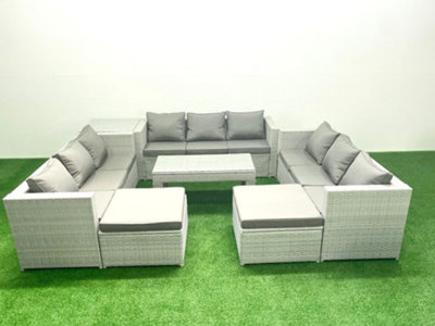 Fimous Rattan Garden Outdoor Furniture Set 11 Seater Garden Sofa Oblong Coffee Table Set 2 Big Stools Side Table
