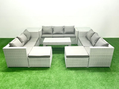 Fimous Rattan Garden Outdoor Furniture Set 11 Seater Garden Sofa Oblong Coffee Table Set 2 Big Stools 2 Side Tables