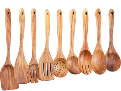  - Wooden Kitchen Utensils Set9 Pce Natural Teak Wooden Spoons For Non-Stick Pan For Cooking,