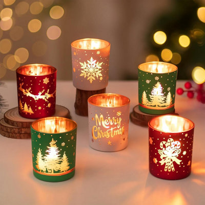  - Set Of 6 Glass Christmas Votive Candle HoldersCylinder Tea Light Centerpiece For FireplaceTable & Holiday Party Decor