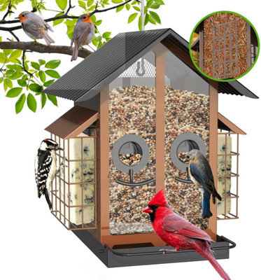 4Lb Metal Bird Feeder With Double Suet Cage & Weatherproof Roof2-In-1 Seed/suet For Cardinals & Finches (Brown) from B&Q