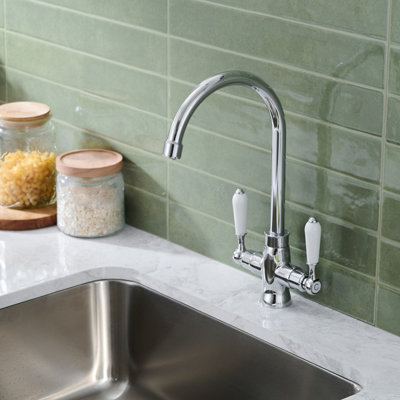B&Q -  White Ceramic Dual Lever Victorian Style Kitchen Sink Mixer Tap With Chrome Finish And Flexible Hoses
