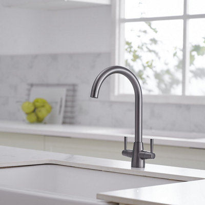 Heable Dual Lever Kitchen Sink Mixer Tap With Grey Finish And Uk Standard Fittings from B&Q